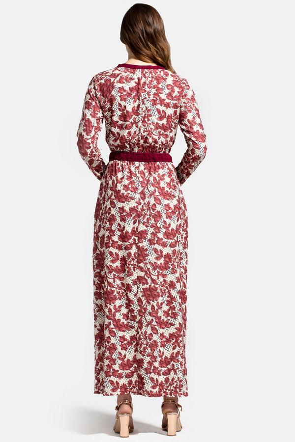 Hot Squash Long Sleeve Maxi Dress With Neck Tie Burgundy Geo Blossoms