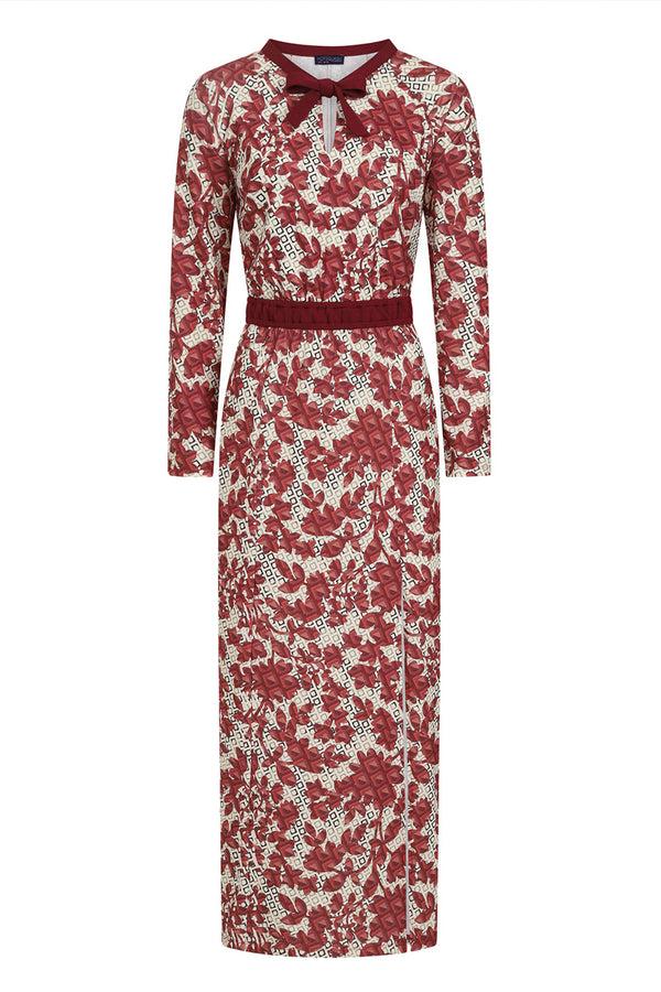 Hot Squash Long Sleeve Maxi Dress With Neck Tie Burgundy Geo Blossoms