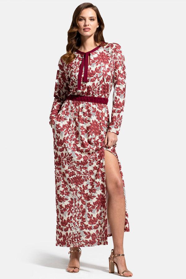 hot squash Long Sleeve Maxi Dress with Neck Tie Burgundy Geo Blossoms