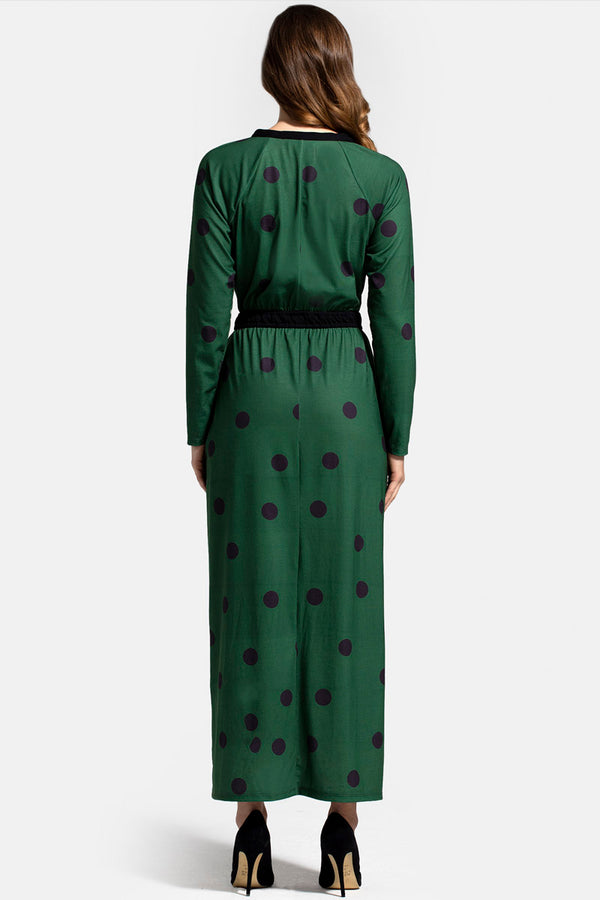 Hot Squash Long Sleeve Maxi Dress With Neck Tie Green Polka Dots