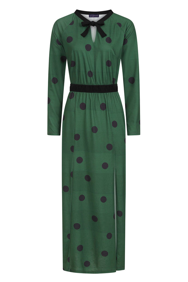 Hot Squash Long Sleeve Maxi Dress With Neck Tie Green Polka Dots