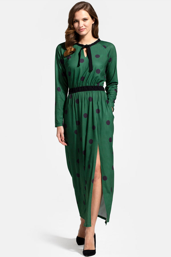 hot squash Long Sleeve Maxi Dress with Neck Tie Green Polka Dots