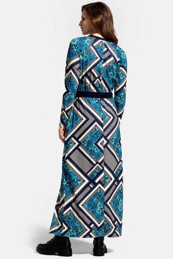 Hot Squash Long Sleeve Maxi Dress With Neck Tie Teal Retro Tile