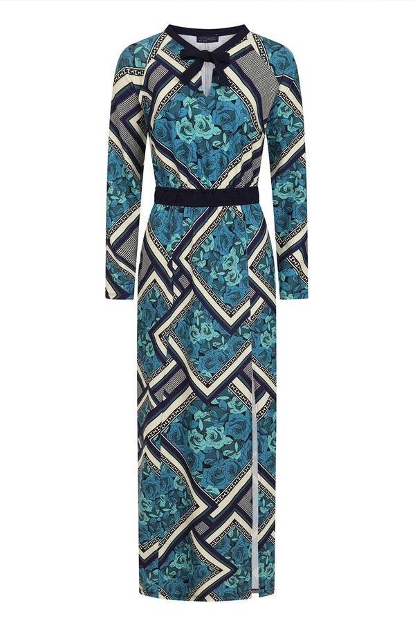 Hot Squash Long Sleeve Maxi Dress With Neck Tie Teal Retro Tile