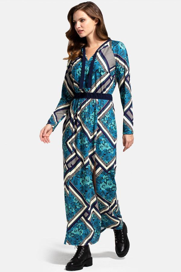 hot squash Long Sleeve Maxi Dress with Neck Tie Teal Retro Tile