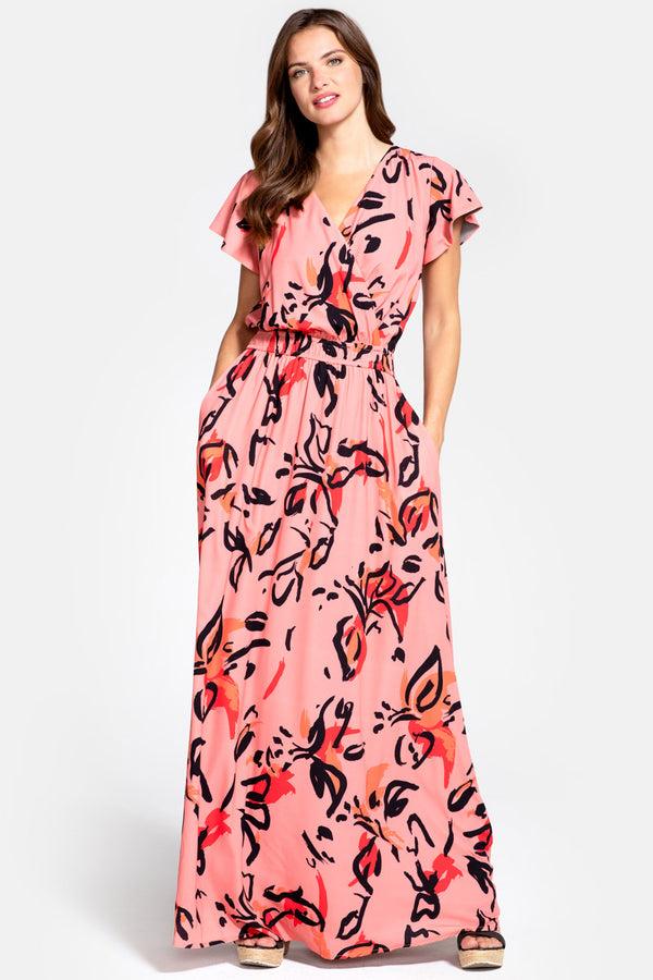 Hot Squash Mock Wrap Chiffon Maxi Dress Floral Graffiti Peach