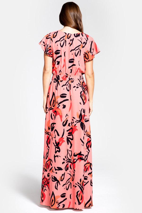 Hot Squash Mock Wrap Chiffon Maxi Dress Floral Graffiti Peach
