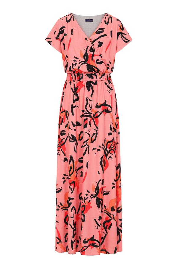 Hot Squash Mock Wrap Chiffon Maxi Dress Floral Graffiti Peach