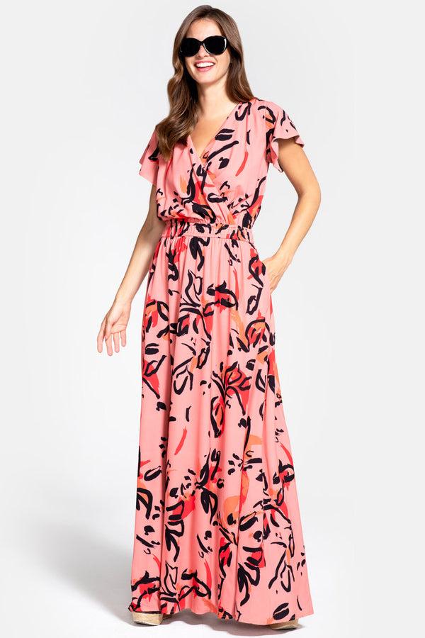 hot squash Mock Wrap Chiffon Maxi Dress Floral Graffiti Peach