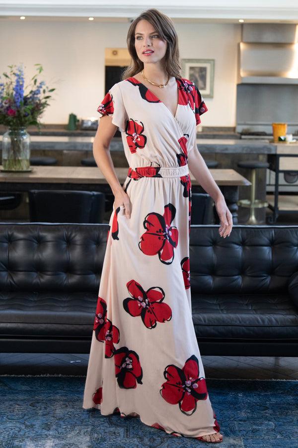 Hot Squash Mock Wrap Chiffon Maxi Dress Painterley Floral Cream / Red