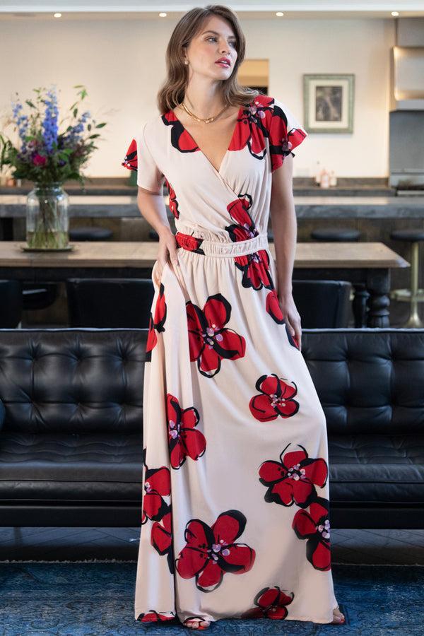 Hot Squash Mock Wrap Chiffon Maxi Dress Painterley Floral Cream / Red