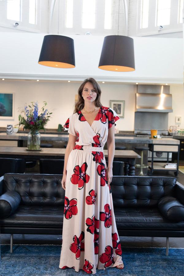 Hot Squash Mock Wrap Chiffon Maxi Dress Painterley Floral Cream / Red