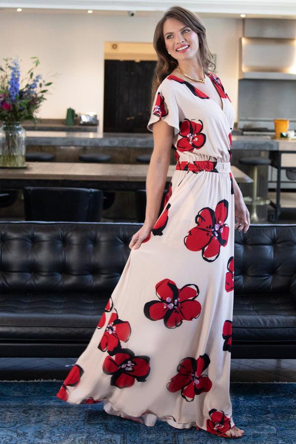 hot squash Mock Wrap Chiffon Maxi Dress Painterley Floral Cream / Red