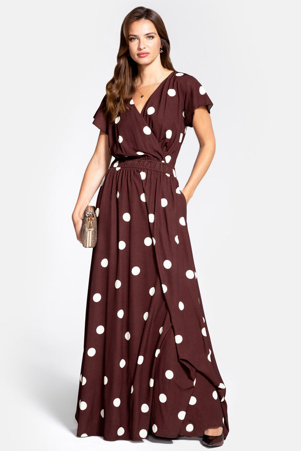 Hot Squash Mock Wrap Chiffon Maxi Dress Polka Dots Brown / Cream