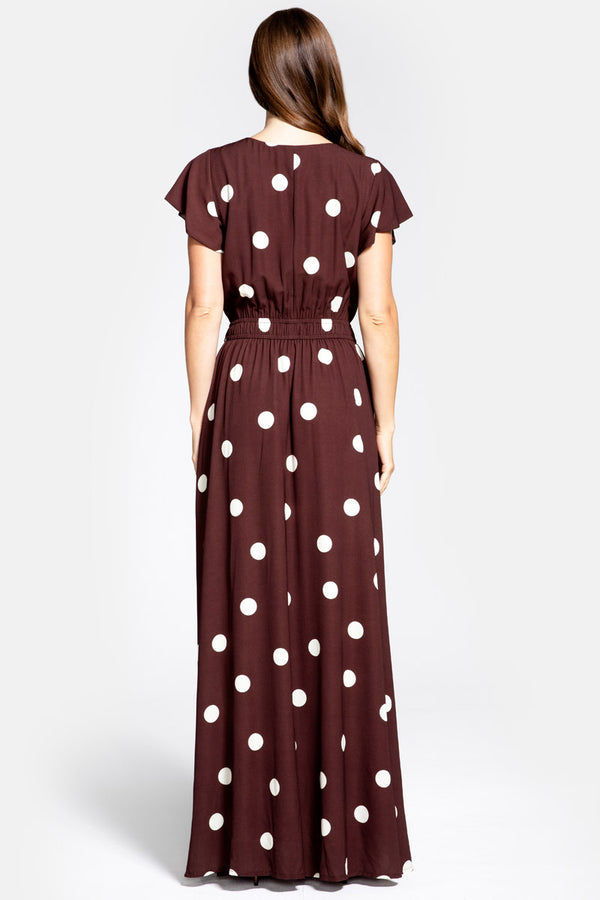 Hot Squash Mock Wrap Chiffon Maxi Dress Polka Dots Brown / Cream
