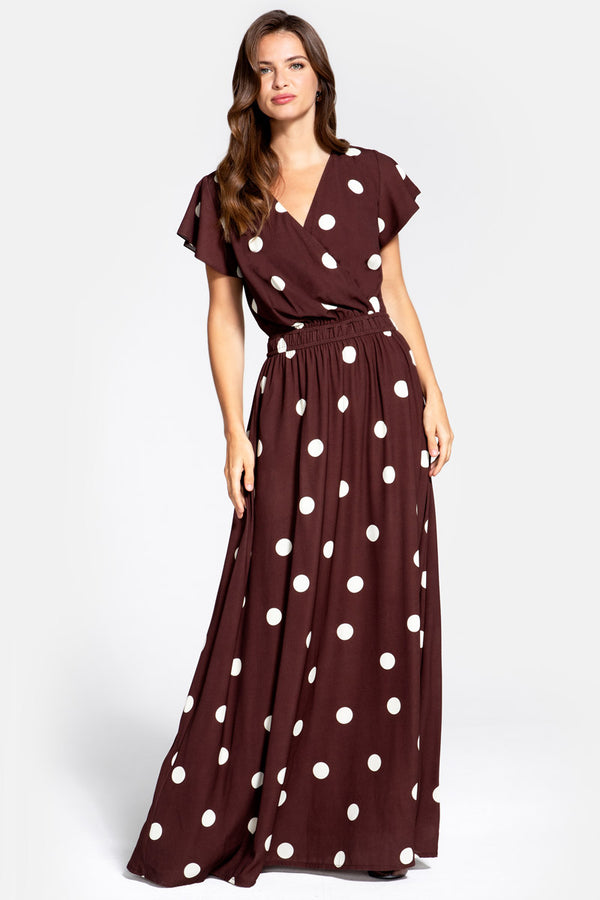hot squash Mock Wrap Chiffon Maxi Dress Polka Dots Brown / Cream