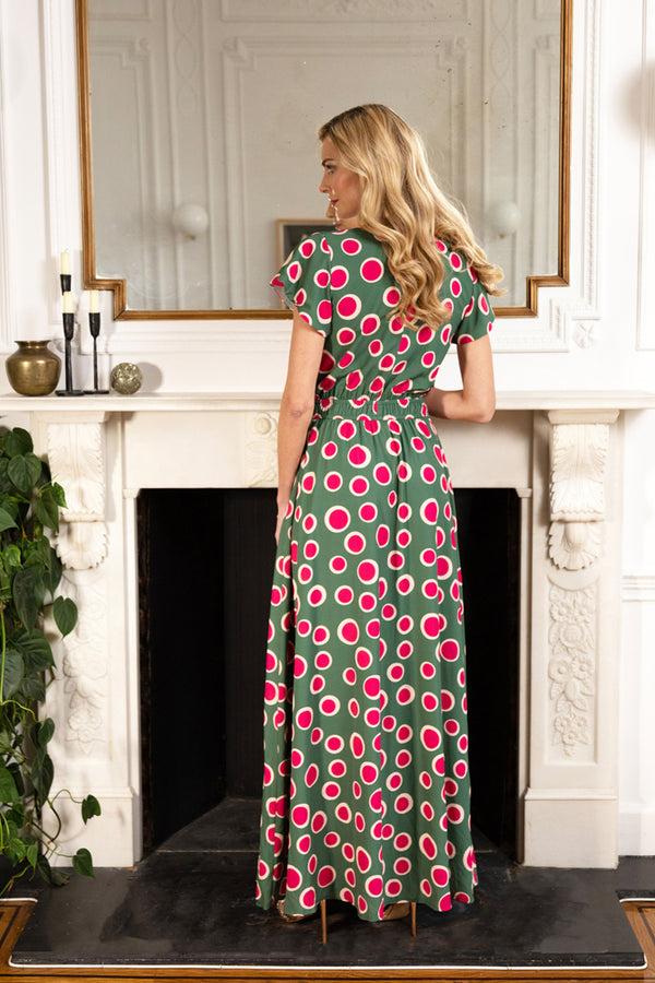 Hot Squash Mock Wrap Chiffon Maxi Dress Polka Dots Green / Red