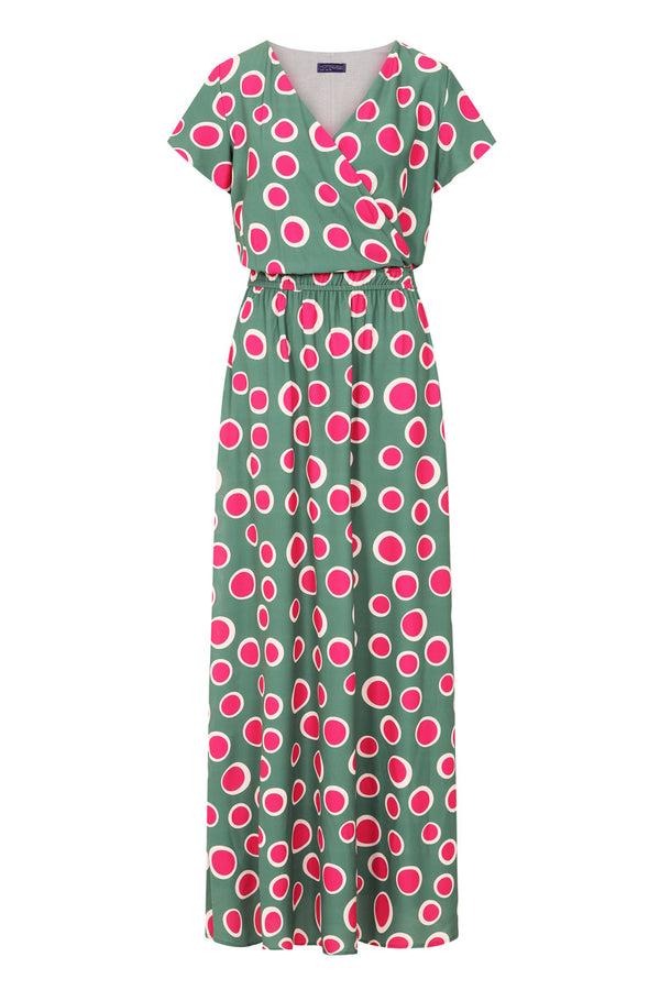 Hot Squash Mock Wrap Chiffon Maxi Dress Polka Dots Green / Red