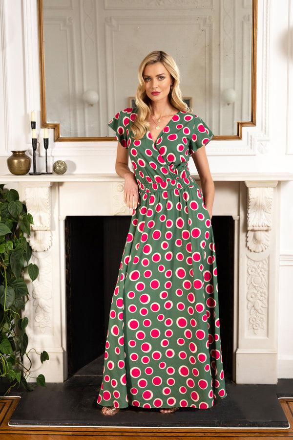 hot squash Mock Wrap Chiffon Maxi Dress Polka Dots Green / Red