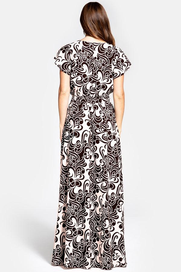 Hot Squash Mock Wrap Chiffon Maxi Dress Retro Print Cream / Black