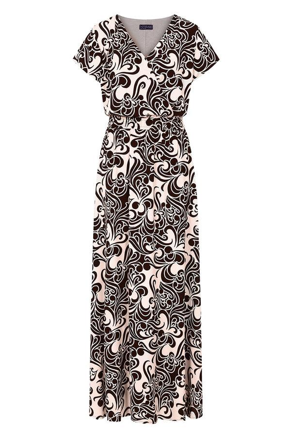 Hot Squash Mock Wrap Chiffon Maxi Dress Retro Print Cream / Black