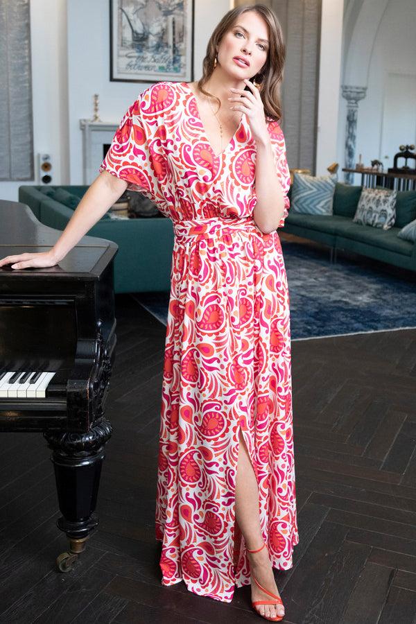 Hot Squash Oversized Split Front Maxi Dress Red / White Paisley Swirl