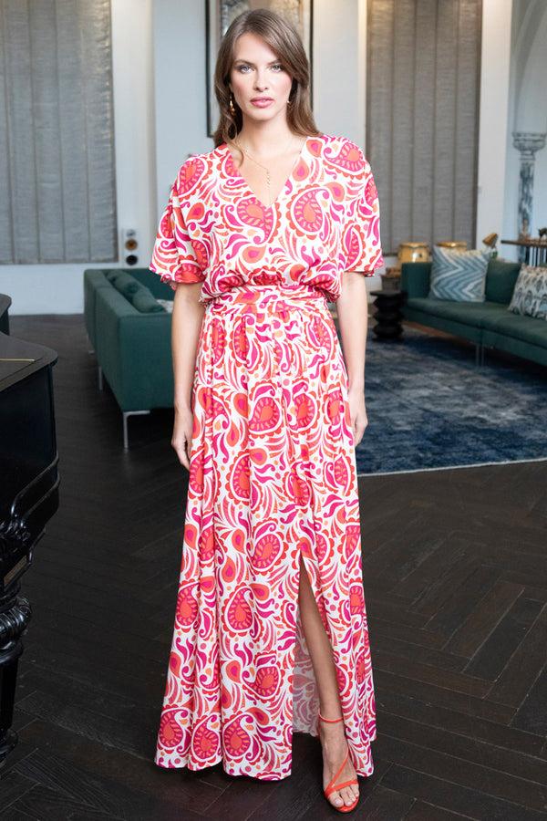 Hot Squash Oversized Split Front Maxi Dress Red / White Paisley Swirl