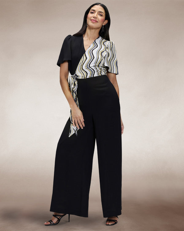 Hot Squash Overwrap Print Jumpsuit Black / Green Wavy Stripes