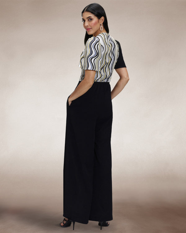 Hot Squash Overwrap Print Jumpsuit Black / Green Wavy Stripes