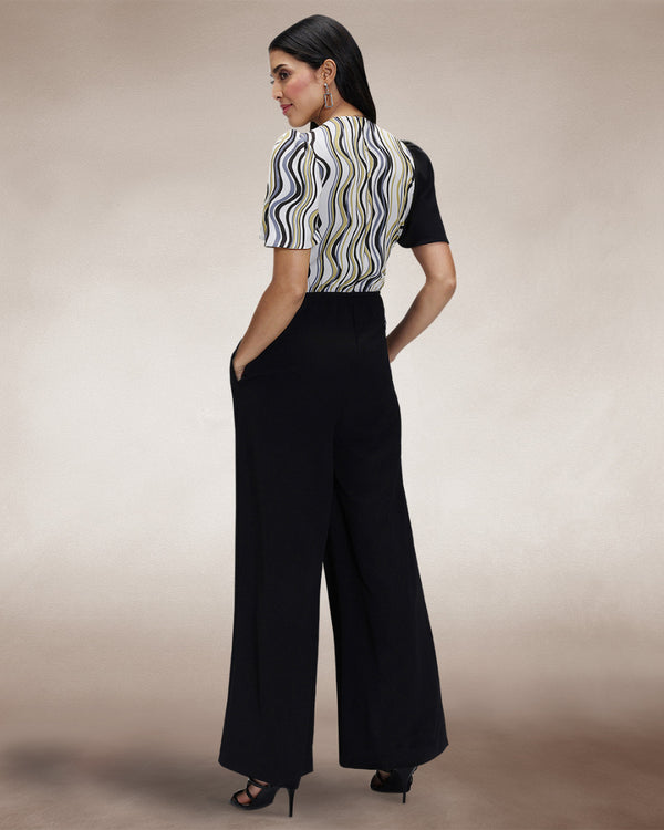 Hot Squash Overwrap Print Jumpsuit Black / Green Wavy Stripes