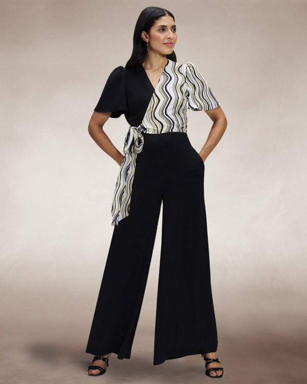 hot squash Overwrap Print Jumpsuit Black / Green Wavy Stripes