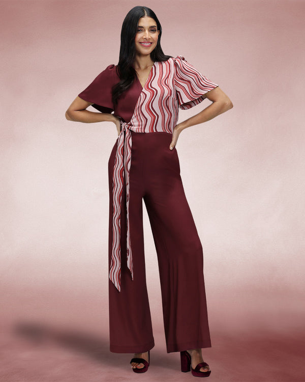 Hot Squash Overwrap Print Jumpsuit Burgundy Wavy Stripes