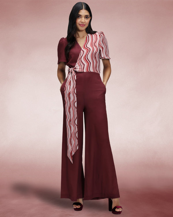 Hot Squash Overwrap Print Jumpsuit Burgundy Wavy Stripes