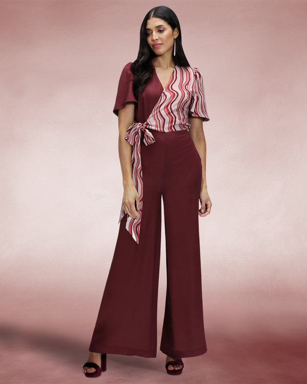 Hot Squash Overwrap Print Jumpsuit Burgundy Wavy Stripes