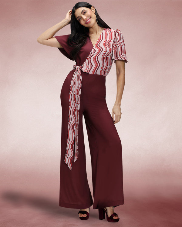 hot squash Overwrap Print Jumpsuit Burgundy Wavy Stripes