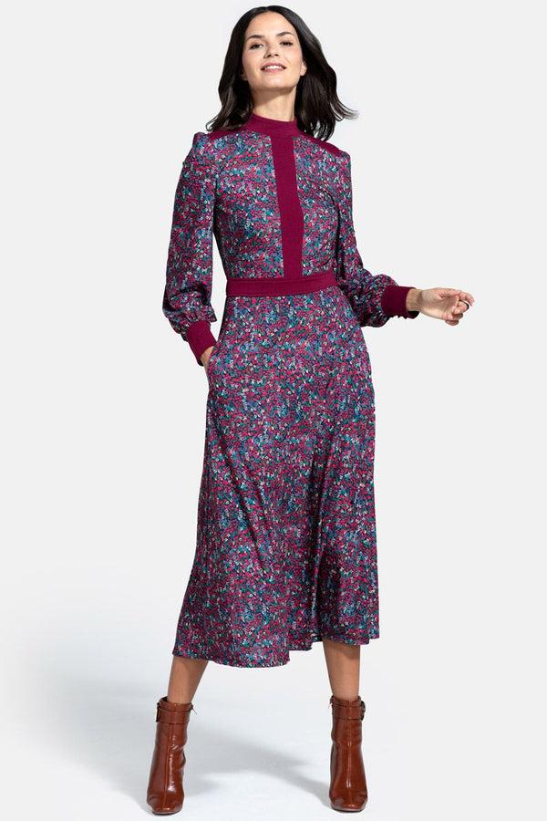 Hot Squash Panelled Midi Dress Ditsy Print Burgundy