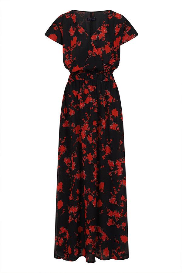 Hot Squash Petite Chiffon Midi Dress Red Flower On Black