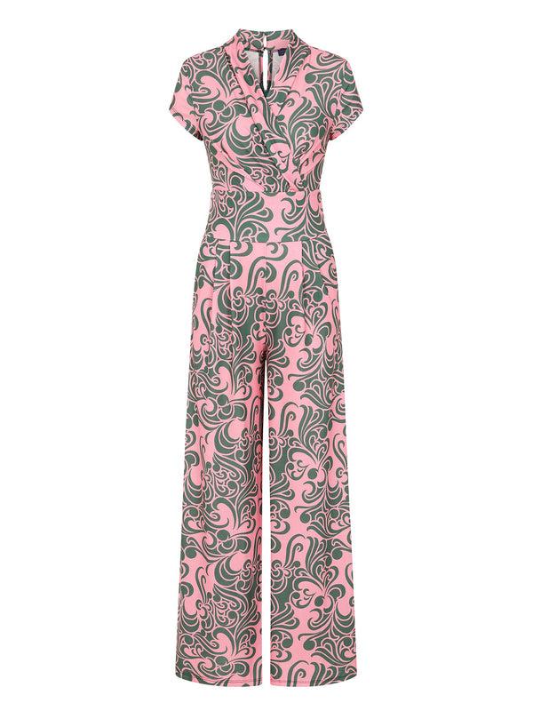Hot Squash Petite Wide Leg Jumpsuit Retro Print Green / Pink