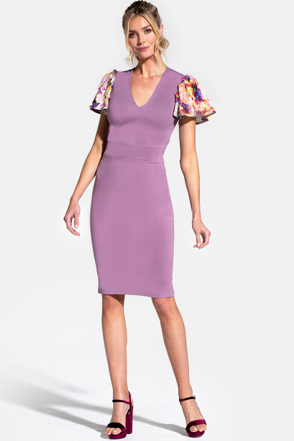 Hot Squash Ponte Dress With Chiffon Sleeves Grape With Purple Bouquet