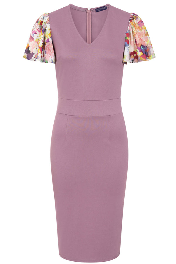 Hot Squash Ponte Dress With Chiffon Sleeves Grape With Purple Bouquet