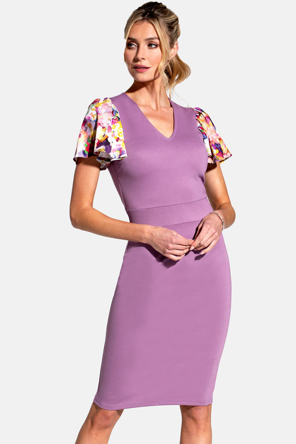 hot squash Ponte Dress with Chiffon Sleeves Grape with Purple Bouquet