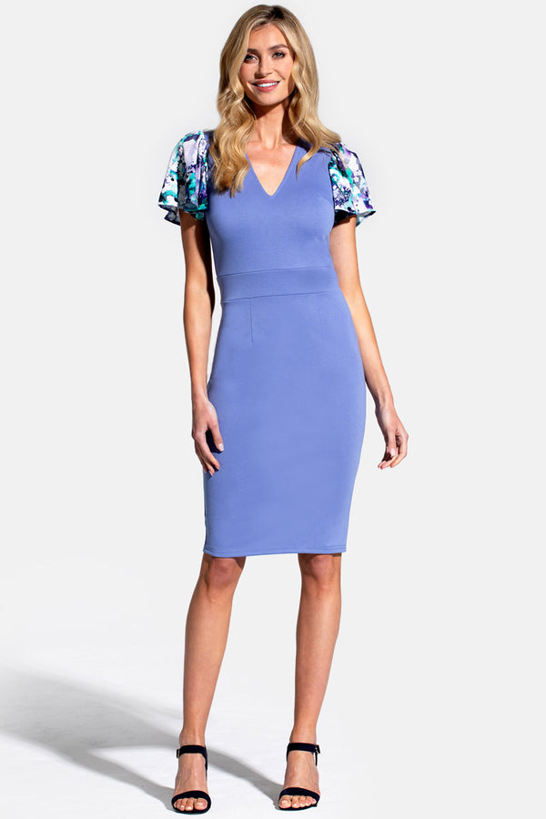 hot squash Ponte Dress with Chiffon Sleeves Woodblue with Navy Bouquet