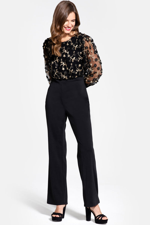 Hot Squash Ponte Jumpsuit With Blouson Sleeves Embroidered Black Petals