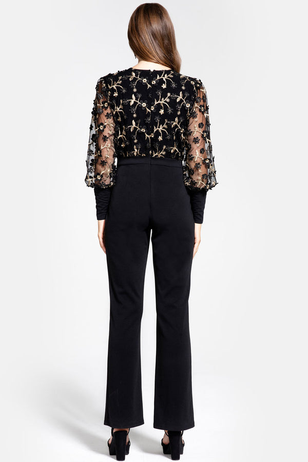Hot Squash Ponte Jumpsuit With Blouson Sleeves Embroidered Black Petals