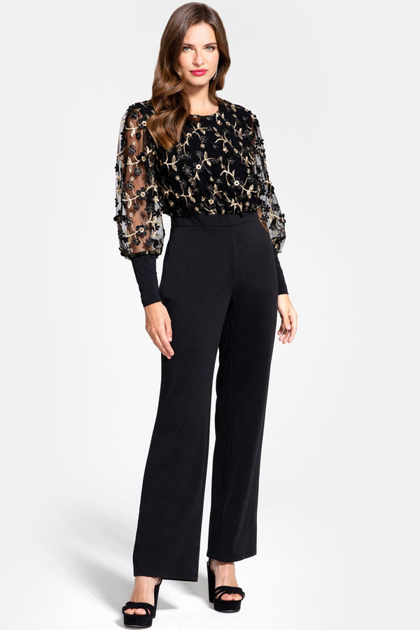 hot squash Ponte Jumpsuit with Blouson Sleeves Embroidered Black Petals
