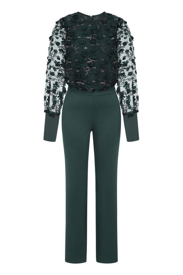 Hot Squash Ponte Jumpsuit With Blouson Sleeves Embroidered Green Petals