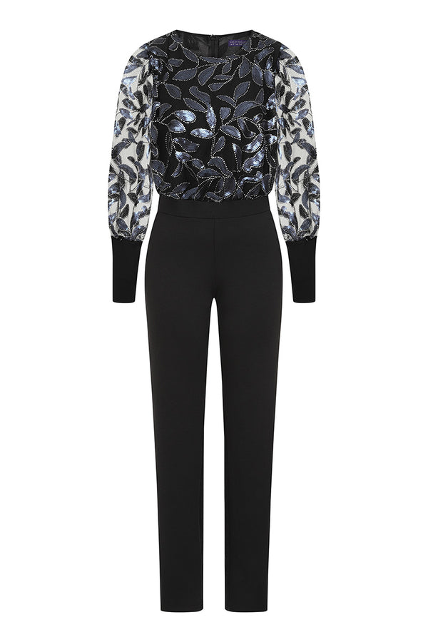 Hot Squash Ponte Jumpsuit With Blouson Sleeves Navy Leaf Sequins