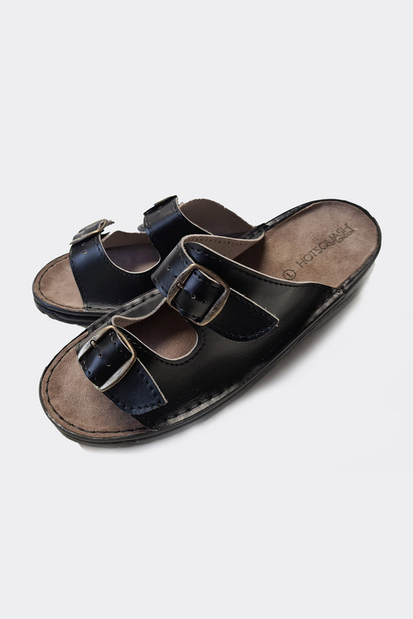 Hot Squash Premium Handcrafted 2 Strap Leather Men's Sliders Coal Black