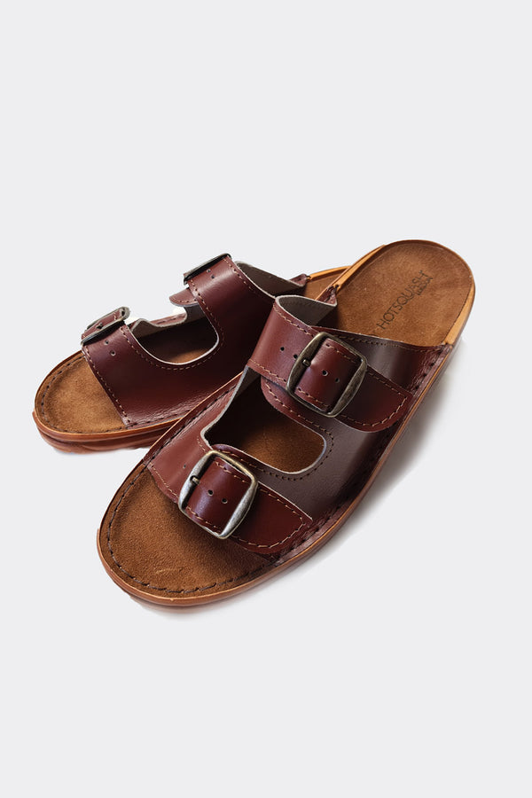 Hot Squash Premium Handcrafted 2 Strap Leather Men's Sliders Walnut Brown