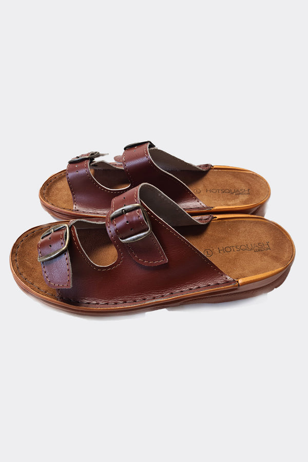 Hot Squash Premium Handcrafted 2 Strap Leather Men's Sliders Walnut Brown